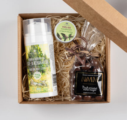 Metsapähkel šokolaadis, käte-ja kehakreem ning melissi huulepalsam