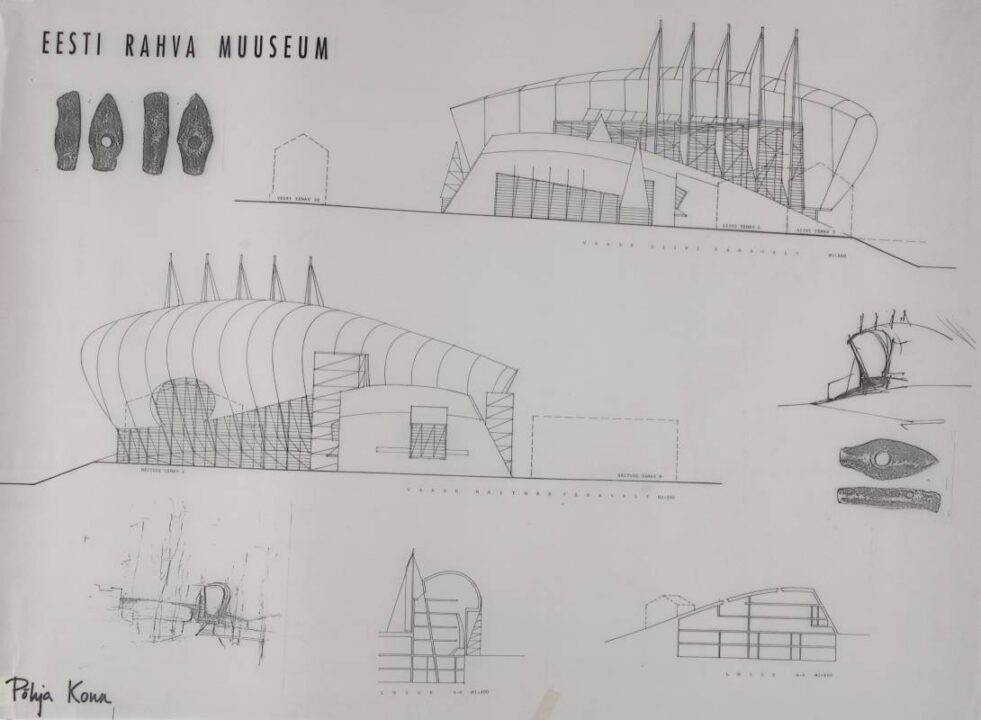Kesklinna kavandatud Eesti Rahva Muuseumi peahoone arhitektuurikonkursi võidukavand Põhja Konn (1993). Hoone ehitamiseni ei jõutud. Allikas: ERM EJ 584: 24